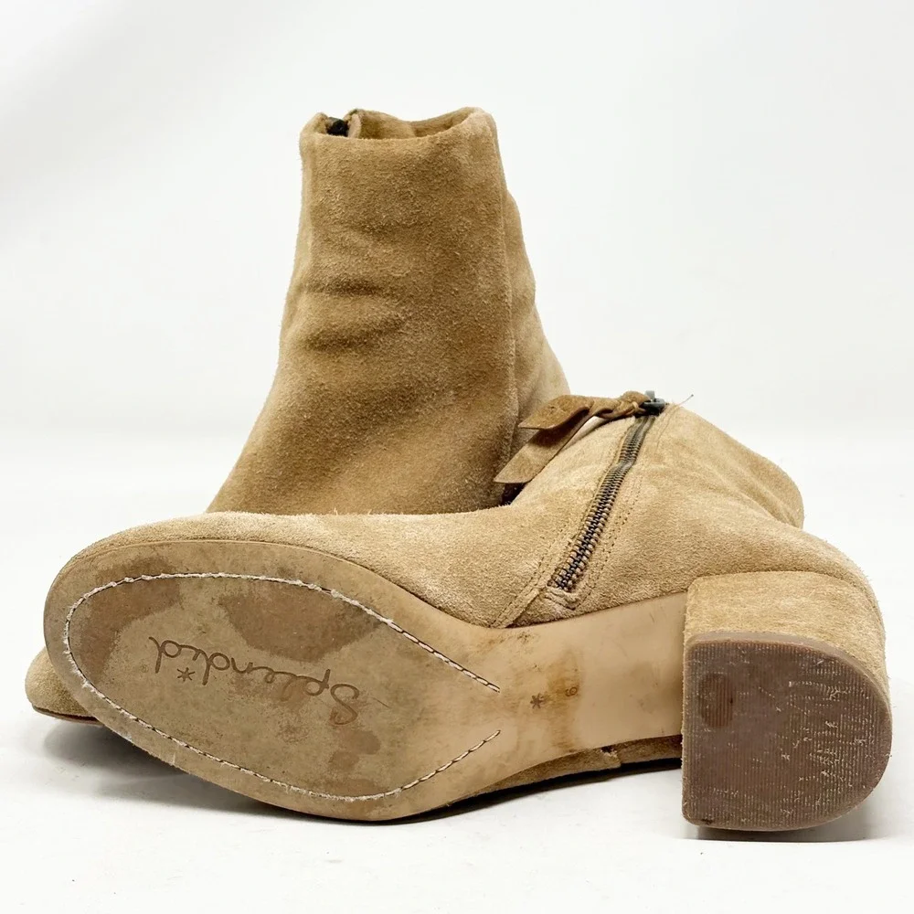 Splendid Tan Suede Ankle Boots Block Heel Round Toe Side Zip Size 6
